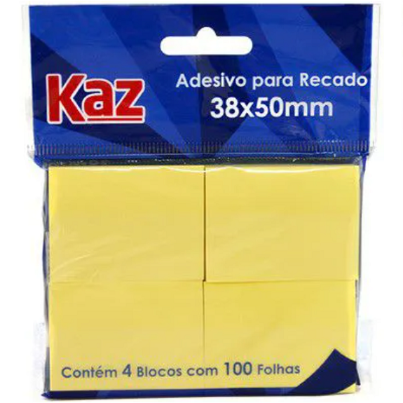 Bloco de Recados, 38 mm x 50 mm, Amarelo, Pacote com 4 Blocos de 100 Folhas